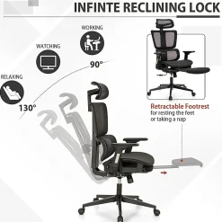ALPHA HOME Ergonomic Mesh High-Back Office Task Chair With Retractable Footrest, Black
