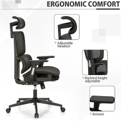 ALPHA HOME Ergonomic Mesh High-Back Office Task Chair With Retractable Footrest, Black