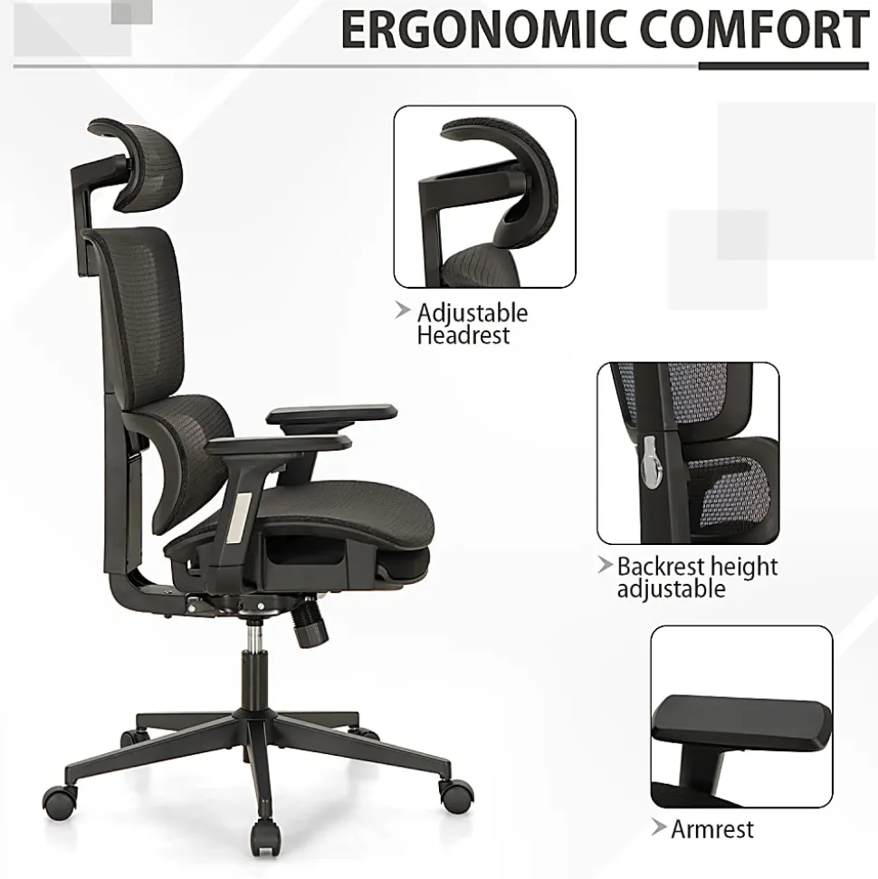 ALPHA HOME Ergonomic Mesh High-Back Office Task Chair With Retractable Footrest, Black