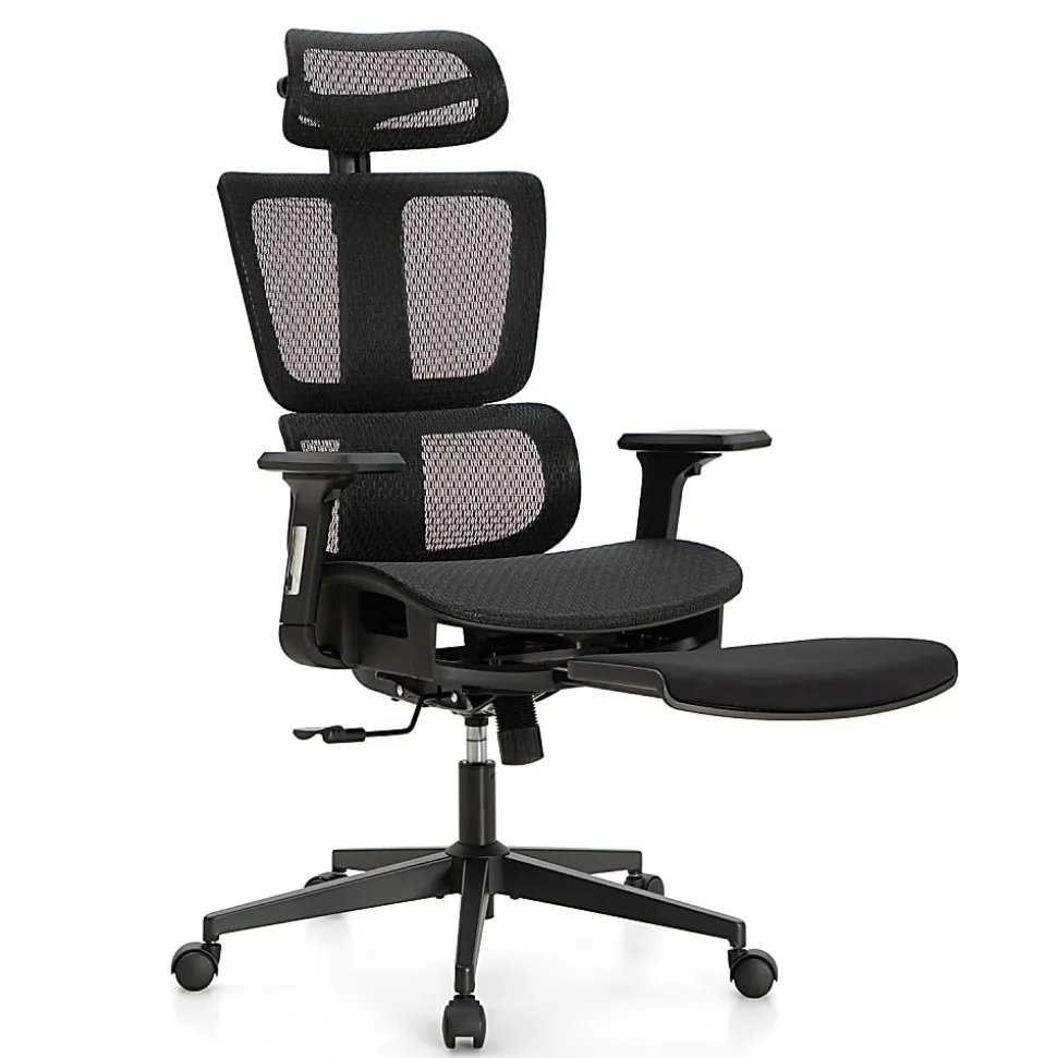 ALPHA HOME Ergonomic Mesh High-Back Office Task Chair With Retractable Footrest, Black