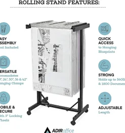 Alpine AdirOffice Expandable Blueprint Mobile Plan Center, 51”H x 29”W x 20-1/2”D, Black