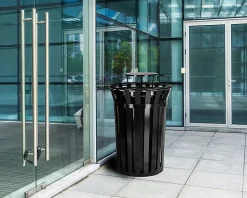 Alpine 38-Gallon Metal-Slatted Outdoor Commercial Trash Can, With Lid, Black