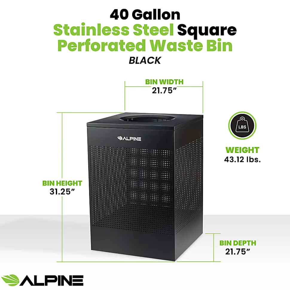 Alpine Industries Steel, Indoor Trash Can, 40 Gallons (151 liters), Black (438-40-BLK)