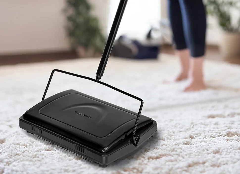 Alpine Manual Triple Brush Floor And Carpet Sweepers, Black, Pack Of 2 Sweepers