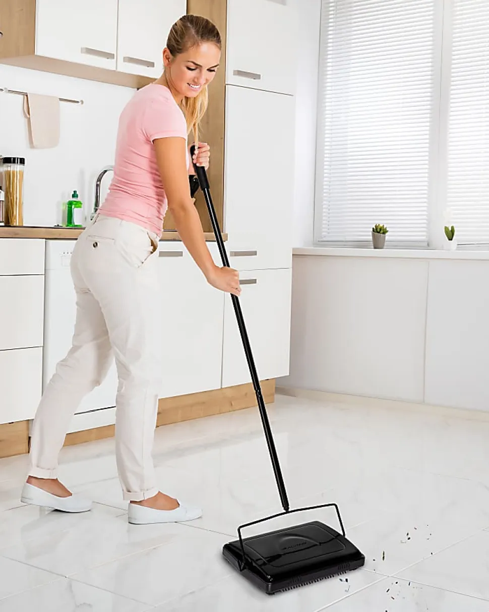 Alpine Manual Triple Brush Floor And Carpet Sweepers, Black, Pack Of 2 Sweepers