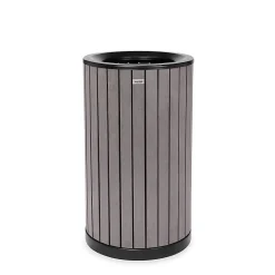 Alpine Slatted Recycled Plastic Panel Round Outdoor Trash Can, 32 Gallon, 33-7/8”H x 20”W x 20D, Gray