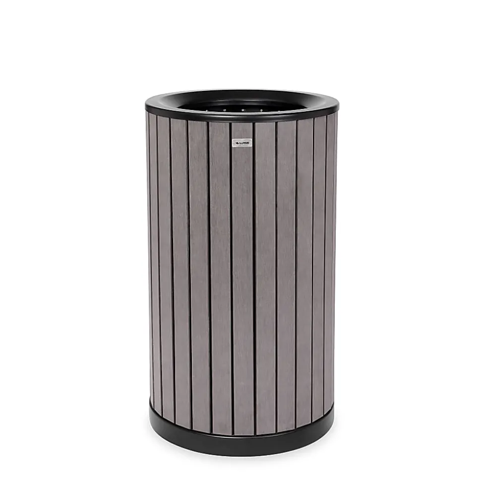 Alpine Slatted Recycled Plastic Panel Round Outdoor Trash Can, 32 Gallon, 33-7/8”H x 20”W x 20D, Gray
