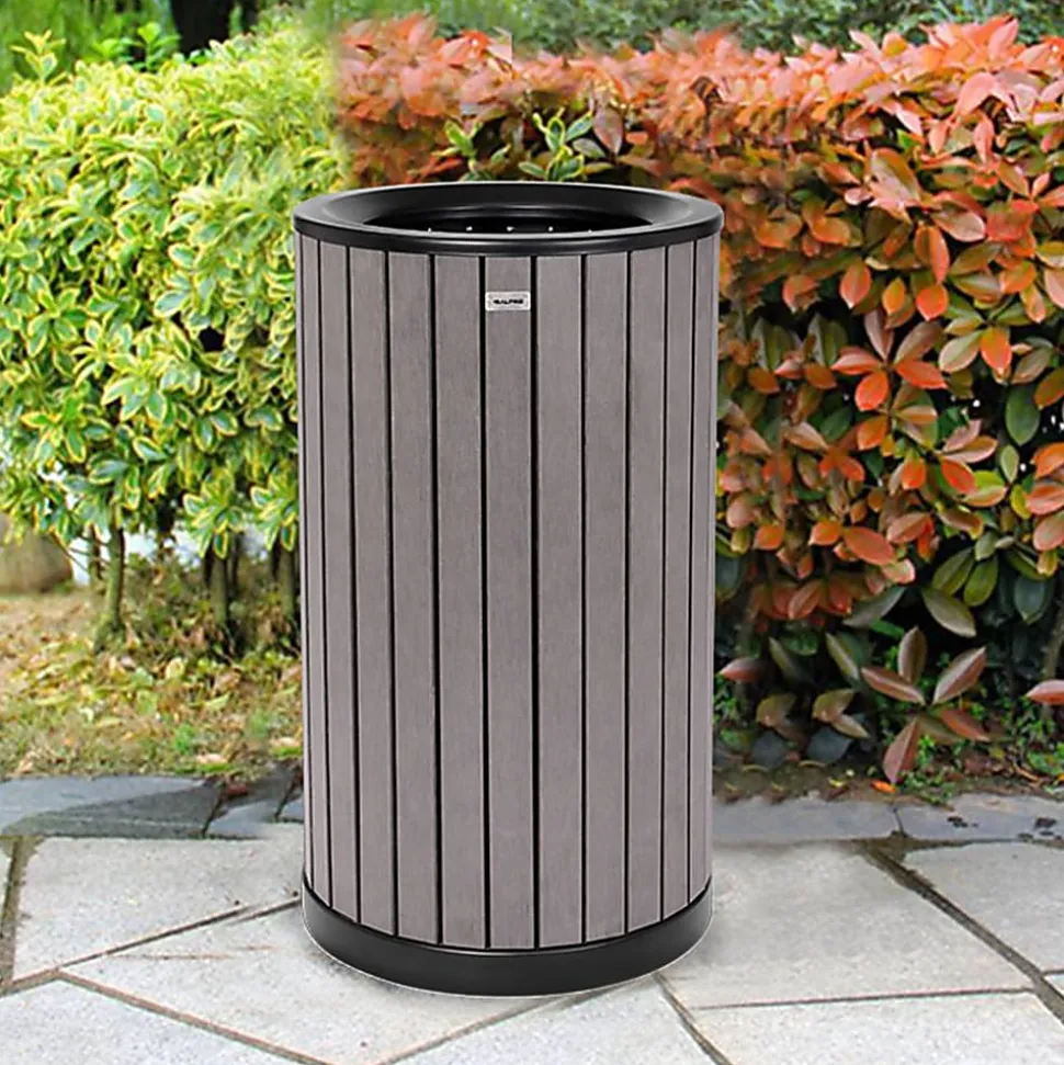 Alpine Slatted Recycled Plastic Panel Round Outdoor Trash Can, 32 Gallon, 33-7/8”H x 20”W x 20D, Gray