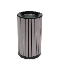 Alpine Slatted Recycled Plastic Panel Round Outdoor Trash Can, 32 Gallon, 33-7/8”H x 20”W x 20D, Gray