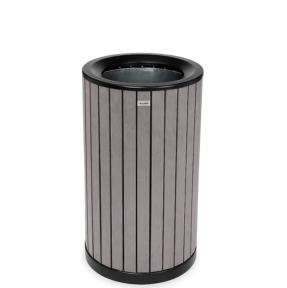 Alpine Slatted Recycled Plastic Panel Round Outdoor Trash Can, 32 Gallon, 33-7/8”H x 20”W x 20D, Gray