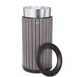 Alpine Slatted Recycled Plastic Panel Round Outdoor Trash Can, 32 Gallon, 33-7/8”H x 20”W x 20D, Gray