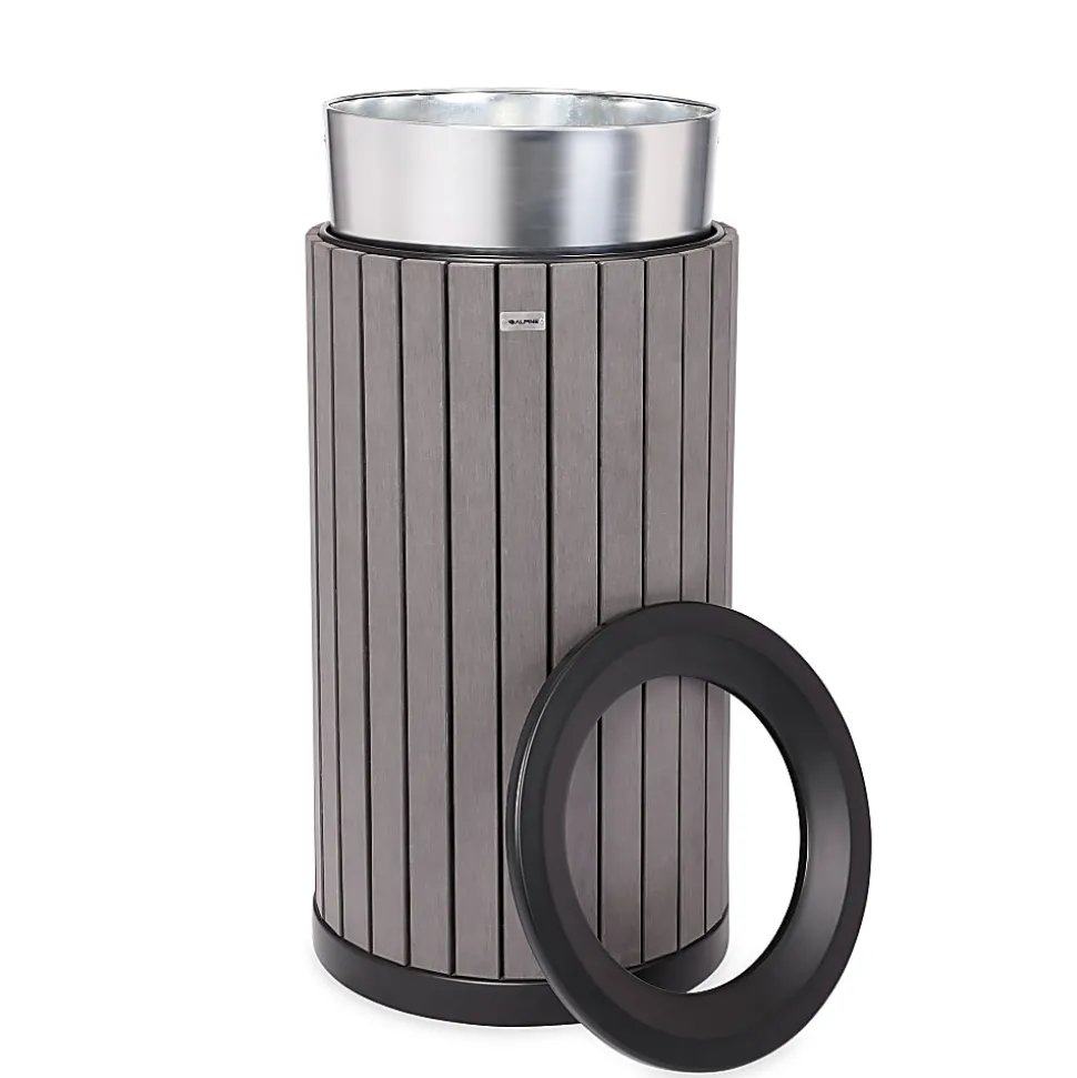 Alpine Slatted Recycled Plastic Panel Round Outdoor Trash Can, 32 Gallon, 33-7/8”H x 20”W x 20D, Gray