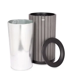 Alpine Slatted Recycled Plastic Panel Round Outdoor Trash Can, 32 Gallon, 33-7/8”H x 20”W x 20D, Gray