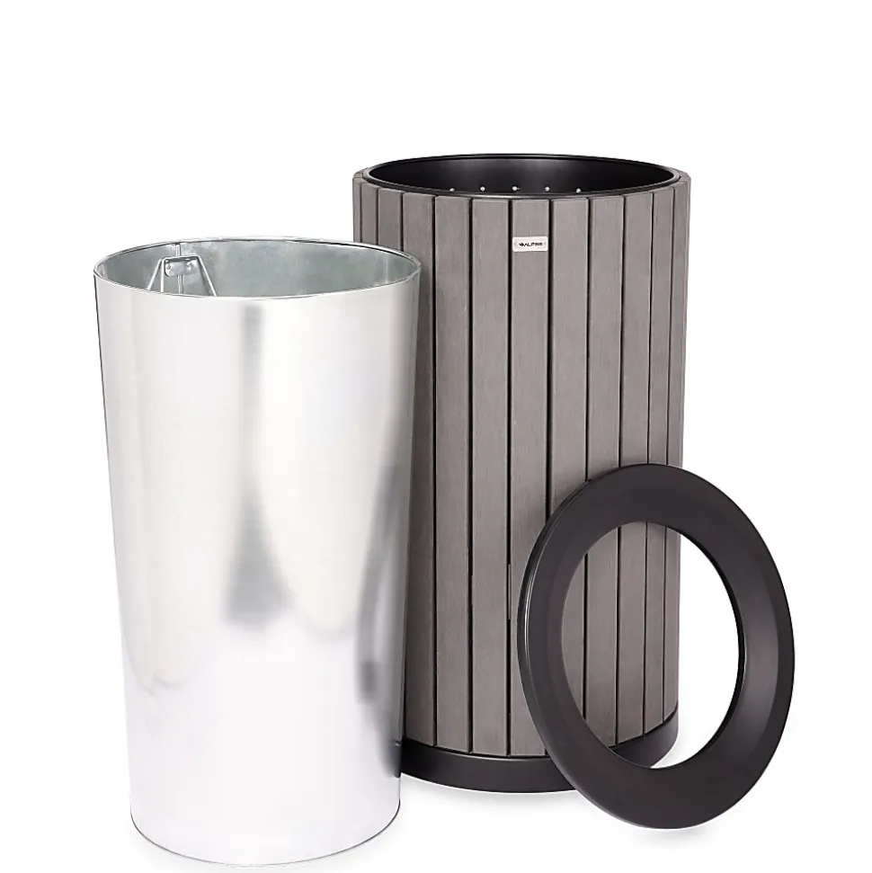 Alpine Slatted Recycled Plastic Panel Round Outdoor Trash Can, 32 Gallon, 33-7/8”H x 20”W x 20D, Gray