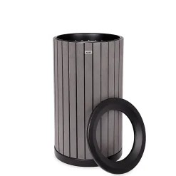 Alpine Slatted Recycled Plastic Panel Round Outdoor Trash Can, 32 Gallon, 33-7/8”H x 20”W x 20D, Gray