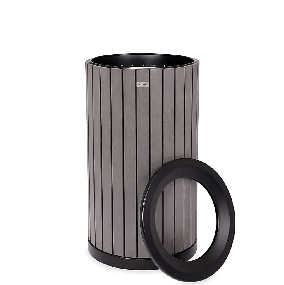 Alpine Slatted Recycled Plastic Panel Round Outdoor Trash Can, 32 Gallon, 33-7/8”H x 20”W x 20D, Gray