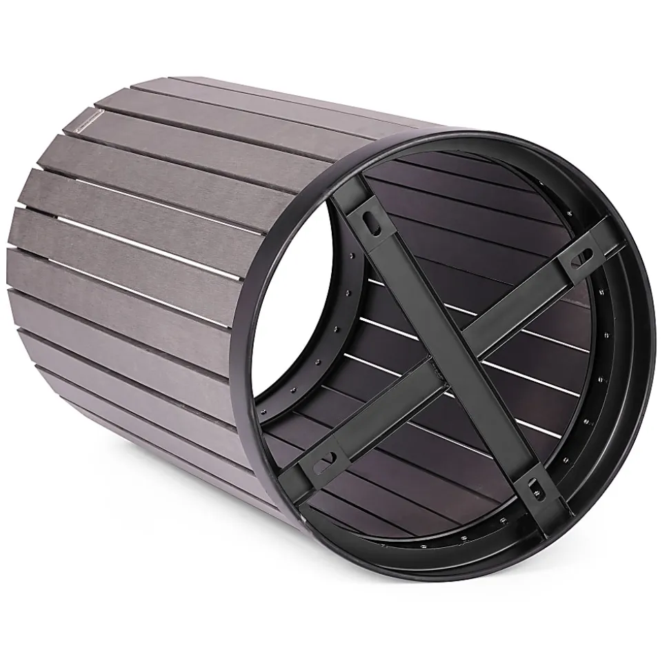 Alpine Slatted Recycled Plastic Panel Round Outdoor Trash Can, 32 Gallon, 33-7/8”H x 20”W x 20D, Gray