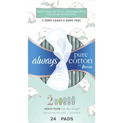 Always Pure Cotton Feminine Pads For Women With Wings, Size 2, Heavy, Unscented, 24 Pads Per Pack, Case Of 3 Packs