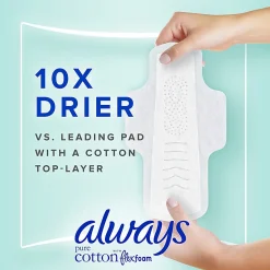 Always Pure Cotton Feminine Pads For Women With Wings, Size 2, Heavy, Unscented, 24 Pads Per Pack, Case Of 3 Packs