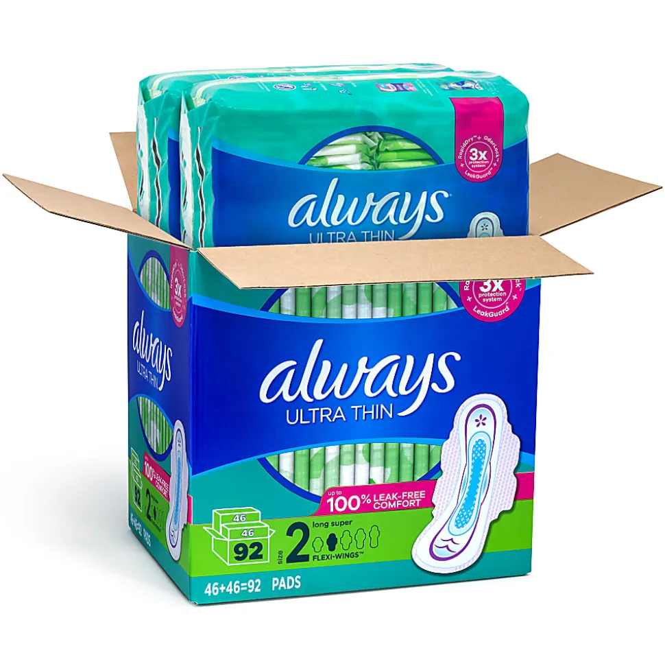 Always Ultra Thin Long Super Pads, Size 2, Box Of 92 Pads