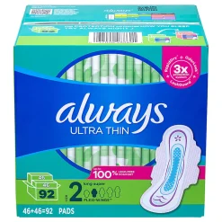 Always Ultra Thin Long Super Pads, Size 2, Box Of 92 Pads