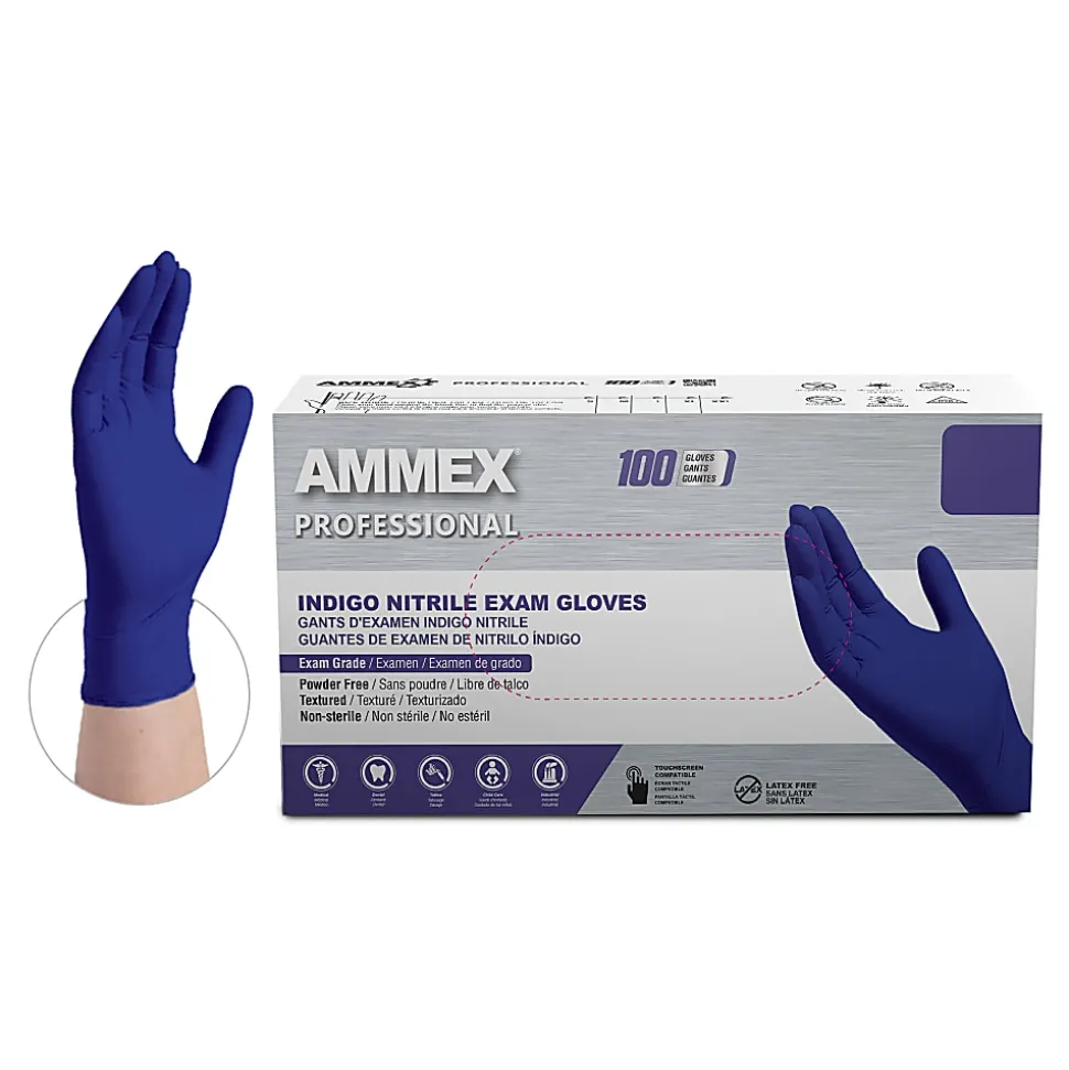 Ammex Professional Indigo Disposable Powder-Free Nitrile Exam Gloves, Small, Box Of 100 Gloves
