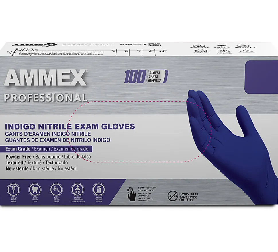 Ammex Professional Indigo Disposable Powder-Free Nitrile Exam Gloves, Small, Box Of 100 Gloves
