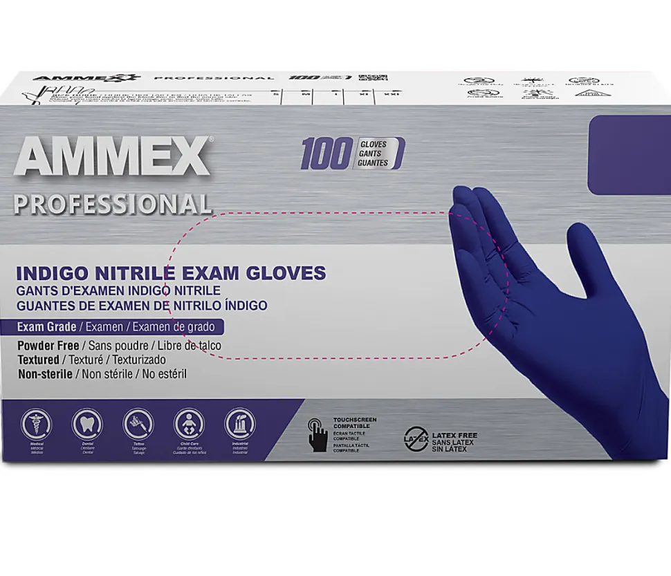 Ammex Professional Indigo Disposable Powder-Free Nitrile Exam Gloves, Medium, Box Of 100 Gloves