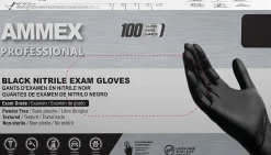 Ammex Professional Powder-Free Exam-Grade Nitrile Gloves, Medium, Black, Box Of 100 Gloves