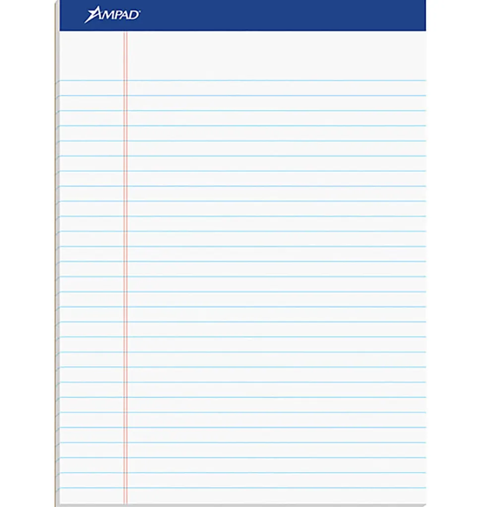 Ampad Basic Micro Perforated Writing Pads, 50 Sheets, Stapled, Wide Ruled, 8 1/2" x 11 3/4", White Paper, Pack Of 12