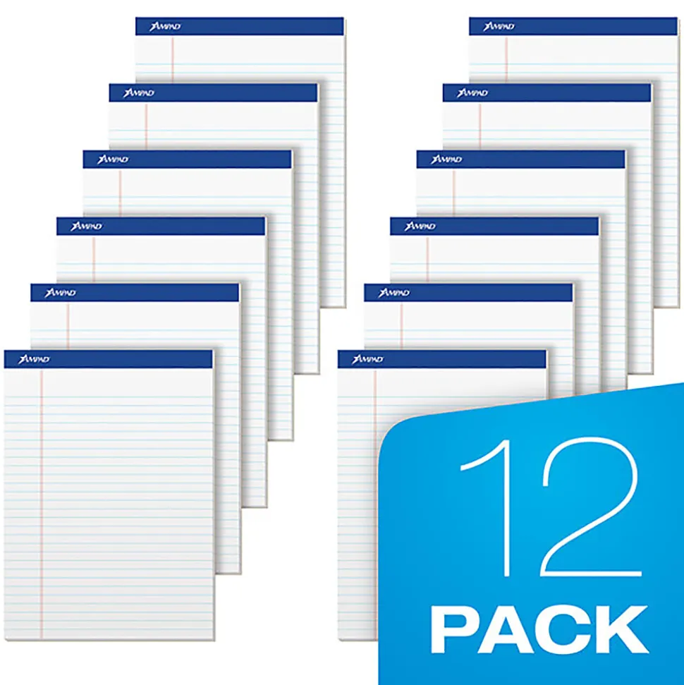 Ampad Basic Micro Perforated Writing Pads, 50 Sheets, Stapled, Wide Ruled, 8 1/2" x 11 3/4", White Paper, Pack Of 12