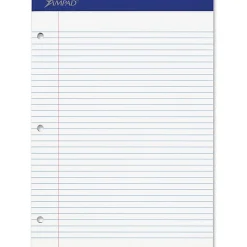 Ampad Perforated 3 Hole Punched Ruled Double Sheet Pad, Letter Size, 100 Sheets, White