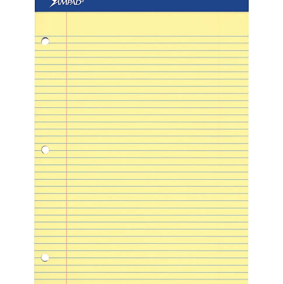 Ampad Perforated 3 Hole Punched Ruled Double Sheet Pad, Wide/Legal Rule, 100 Sheets, 8 1/2" x 11", Canary Yellow