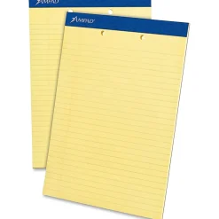 Ampad Perforated Ruled Pads, 2 Hole Punched, Letter Size, 50 Sheets, Ruled, Canary Yellow, Box Of 12