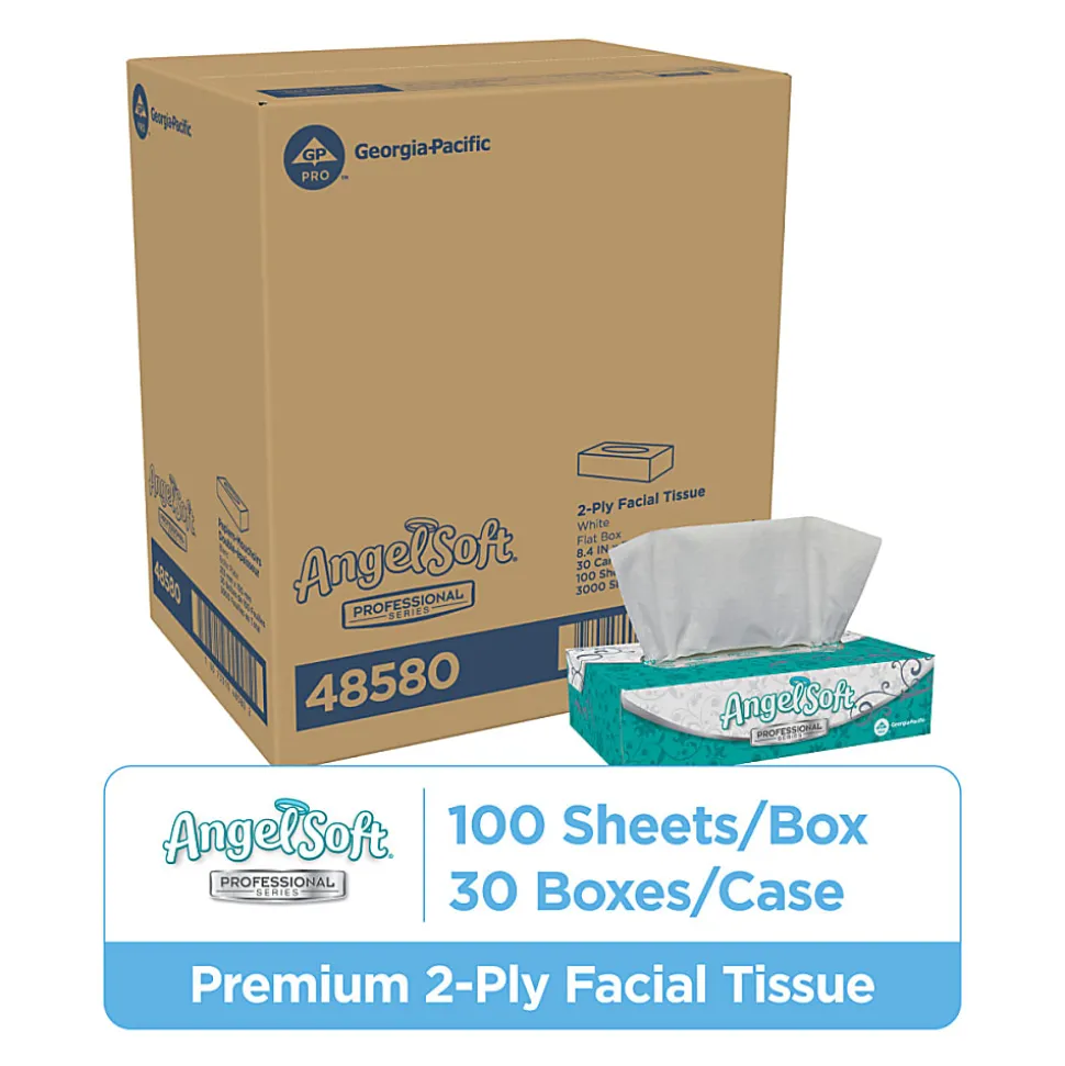 Angel Soft Professional Series® 2-Ply Facial Tissue, Flat Box, White, 10% Recycled Fiber, 30 Boxes Per Case, 100 Sheets Per Box