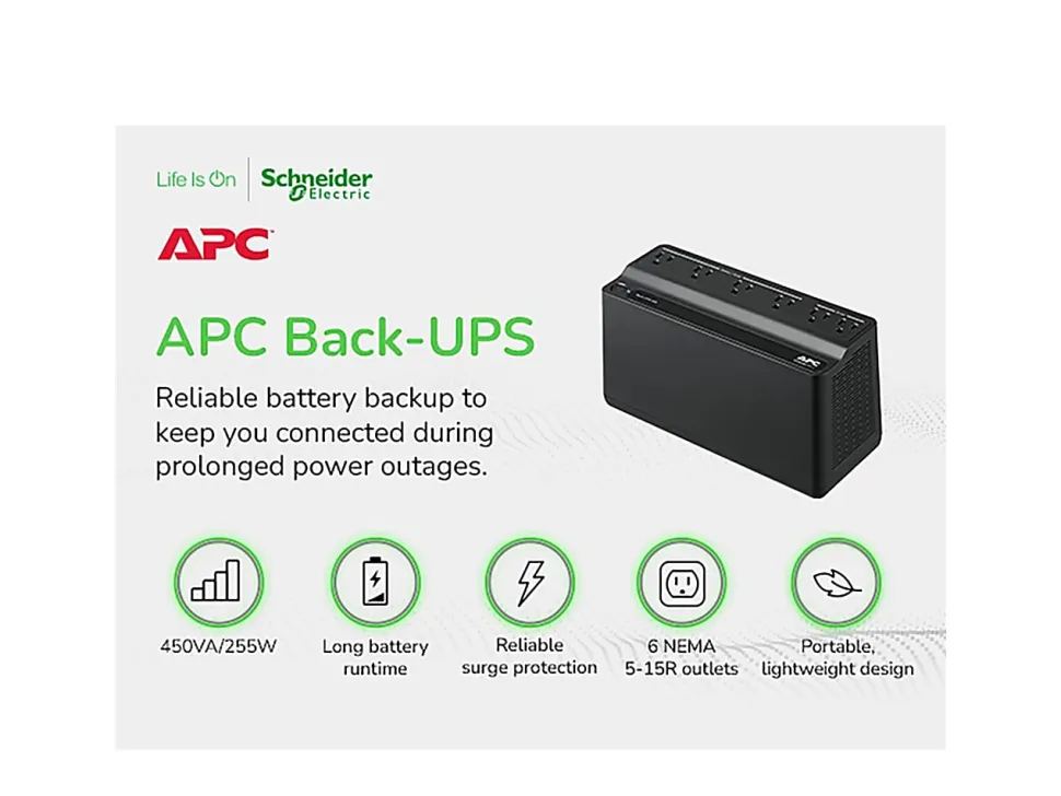 APC Back-UPS BN450M Battery Backup, 6 Outlet, 450VA/255W