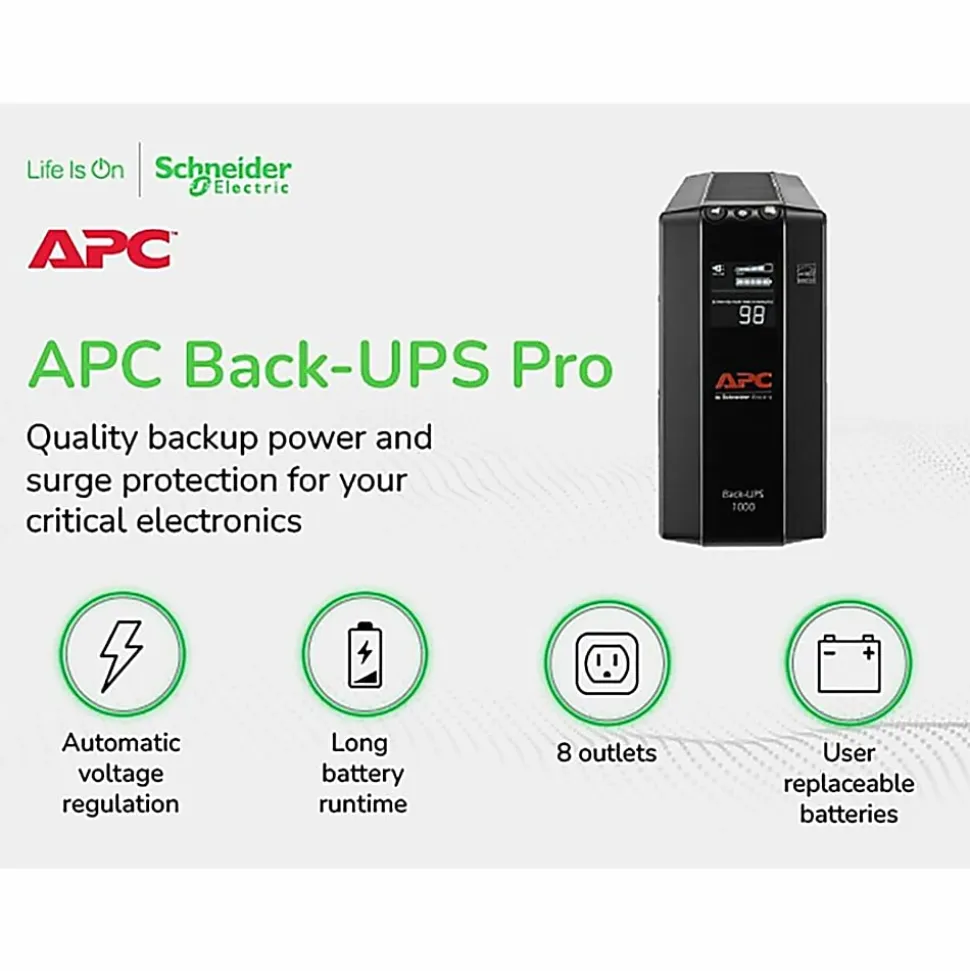 APC® Back-UPS® Pro BX Compact Tower Uninterruptible Power Supply, 8 Outlets, 1,000VA/600 Watts, BX1000M