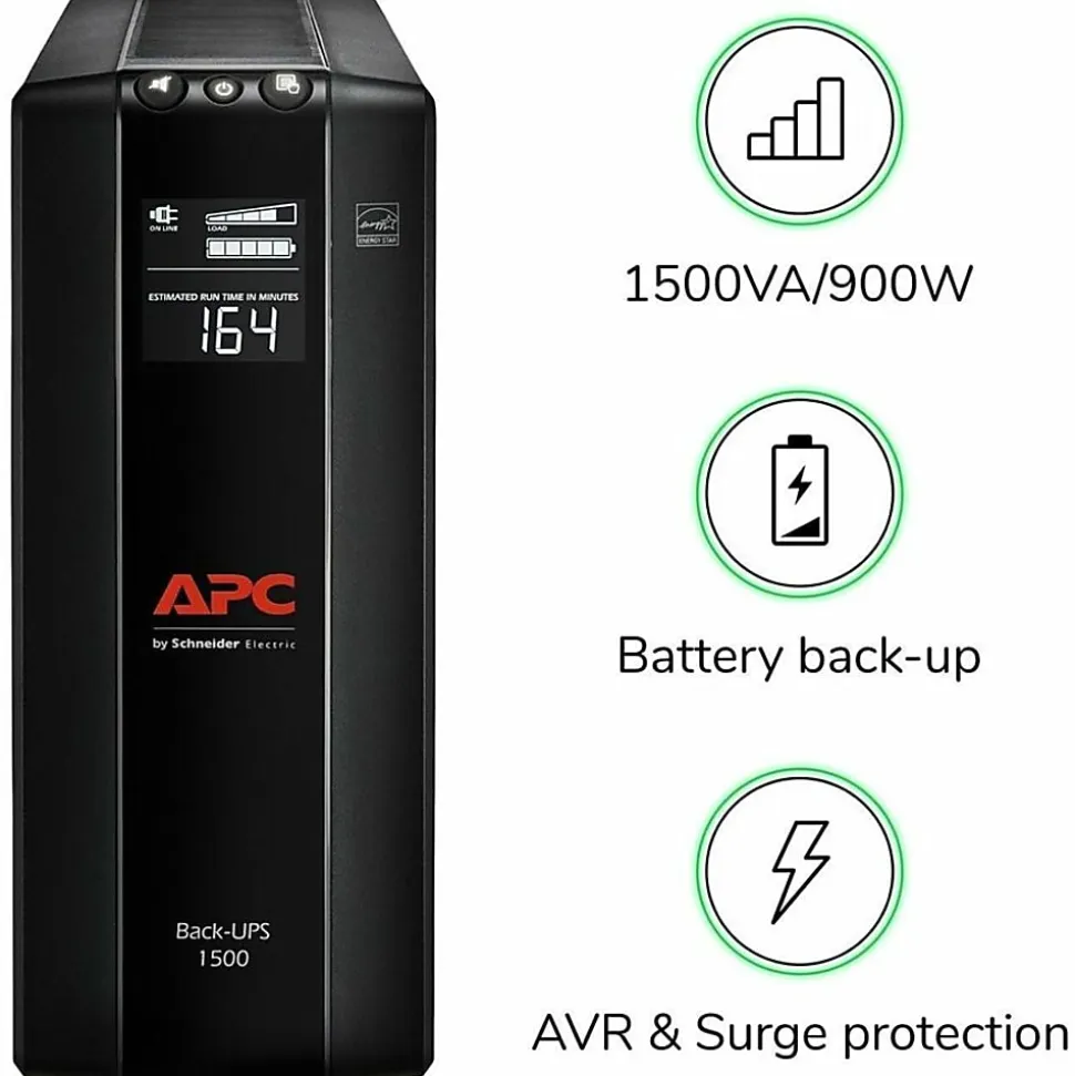 APC® Back-UPS® Pro BX Compact Tower Uninterruptible Power Supply, 10 Outlets, 1,500VA/900 Watts, BX1500M