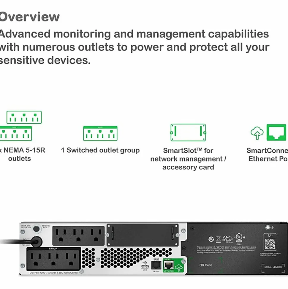APC Smart-UPS, Line Interactive, 1000VA, Lithium-ion, Rack/Tower, 2U, 120V, 6x NEMA 5-15R outlets, SmartConnect Port+SmartSlot, Short Depth, AVR, LCD
