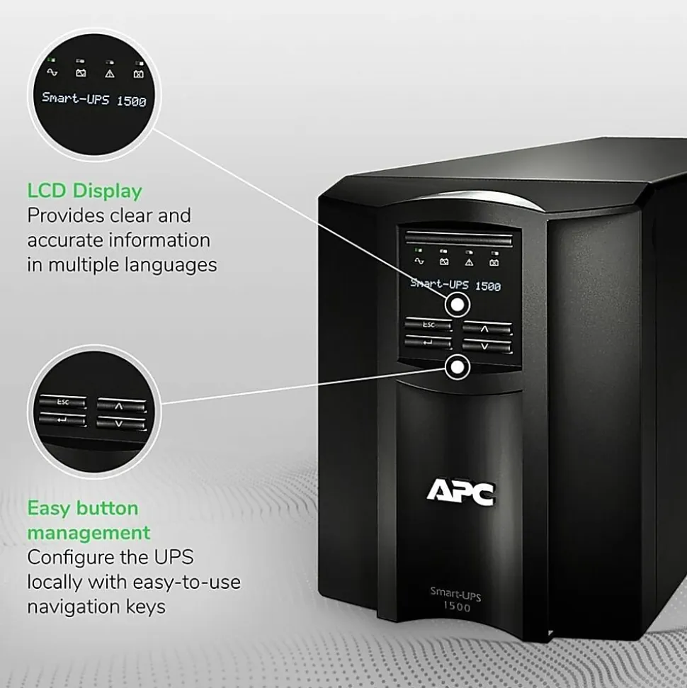 APC® Smart-UPS 8-Outlet Stand-Alone Tower Uninterruptible Power Supply, 1,440VA/1,000 Watts, SMT1500C