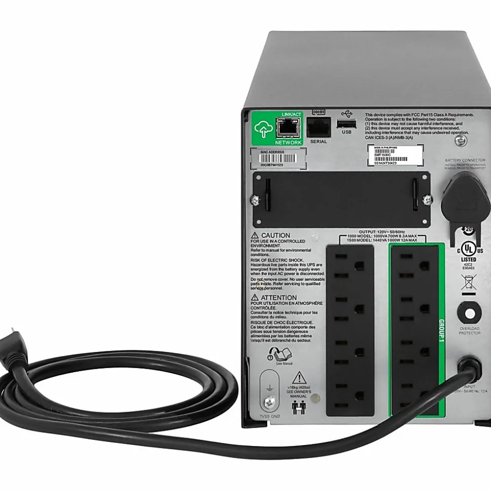 APC® Smart-UPS 8-Outlet Stand-Alone Tower Uninterruptible Power Supply, 1,440VA/1,000 Watts, SMT1500C