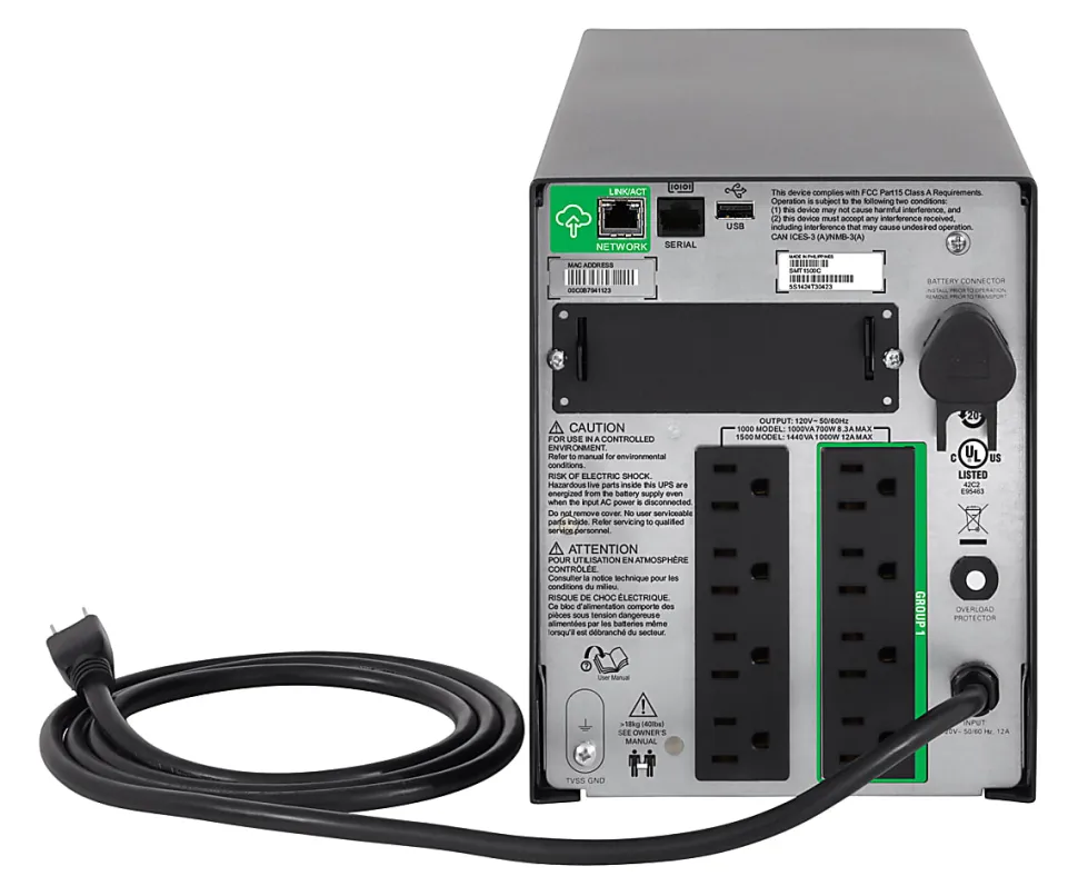 APC® Smart-UPS 8-Outlet Stand-Alone Tower Uninterruptible Power Supply, 1,440VA/1,000 Watts, SMT1500C