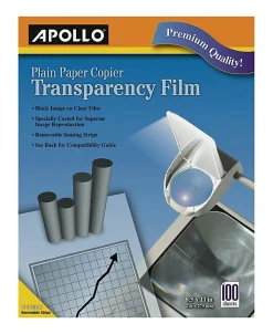 Apollo® Plain Paper Copier Transparency Film, Black On Clear With Strip, Box Of 100 Sheets