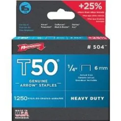 Arrow 50424 T50 Staples, #504, 1/4"L x 3/8"W, Silver, Box Of 1,250 Staples