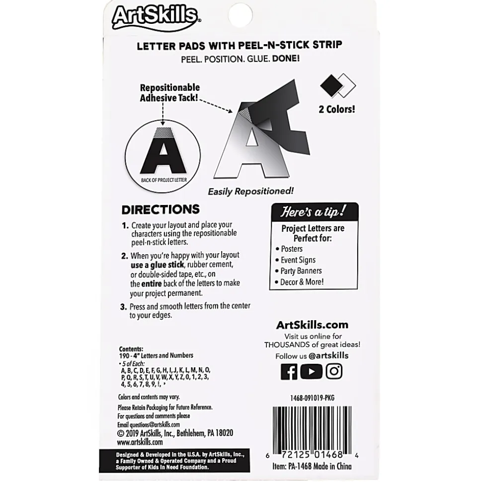 ArtSkills® Quick Letters, 4", Black/White, Pack Of 180