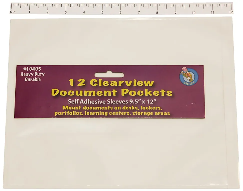 Ashley Productions Document Pockets, 9 1/2" x 12", Clear, 12 Pockets Per Pack, Set Of 3 Packs