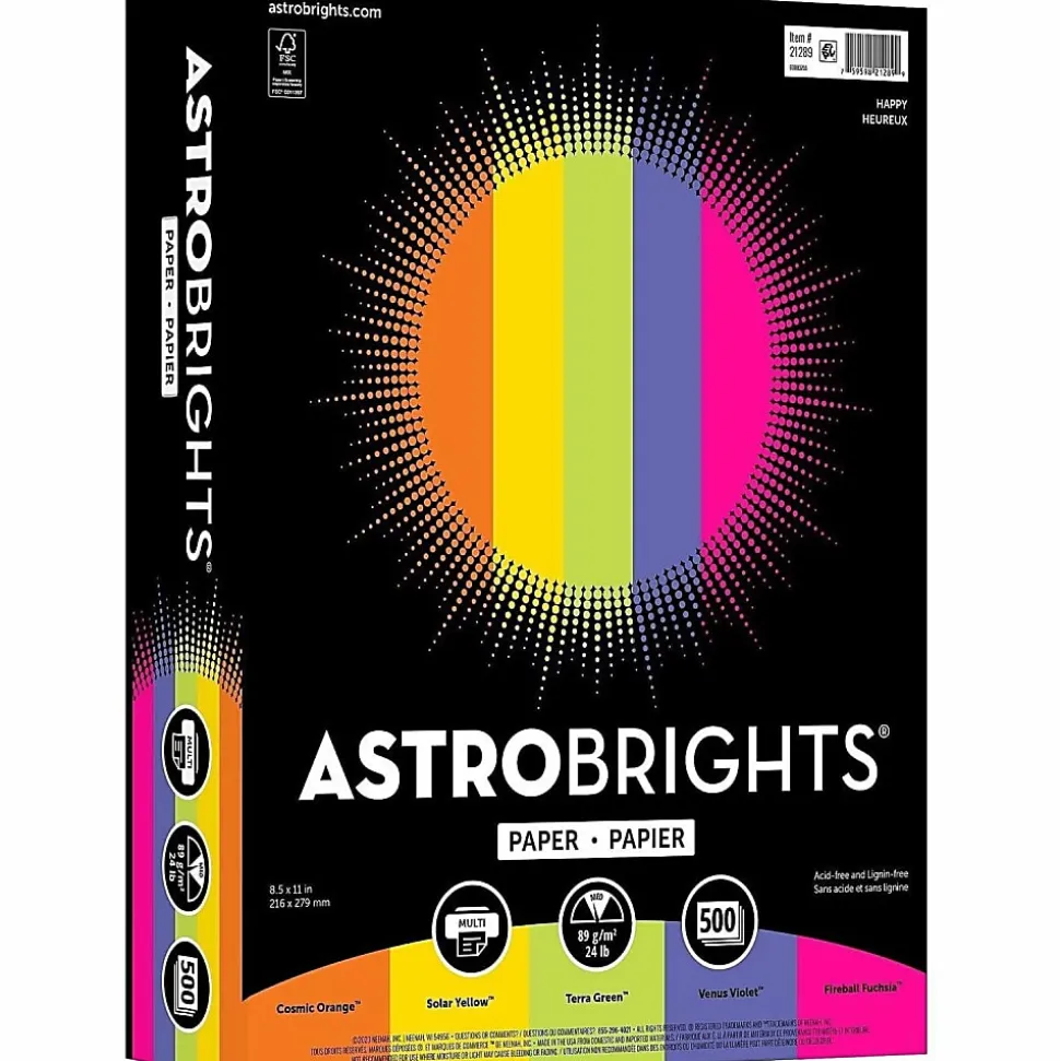 Astrobrights® Color Multi-Use Printer & Copy Paper, 1 Ream, Happy Color Assortment, Letter (8.5" x 11"), 500 Sheets Per Ream, 24 Lb, 94 Brightness