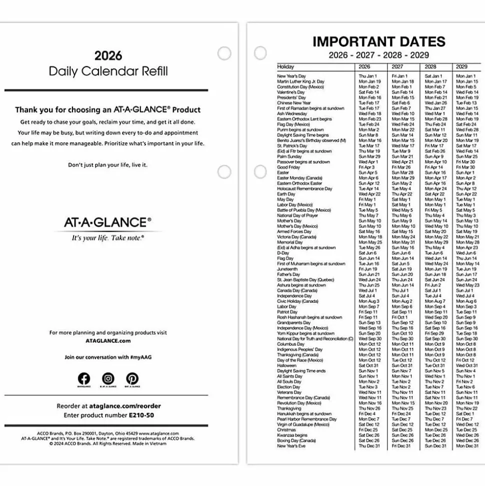 AT-A-GLANCE® 2026 Daily Loose-Leaf Desk Calendar Refill, Standard, 4 1/2" x 8"