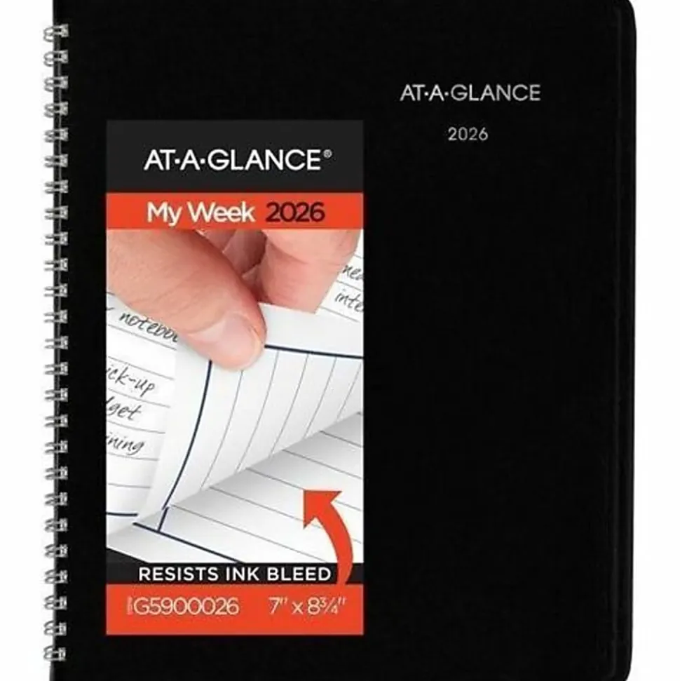 AT-A-GLANCE® DayMinder® 2026 Column Style Weekly Planner, Black, Medium, 7" x 8 3/4"