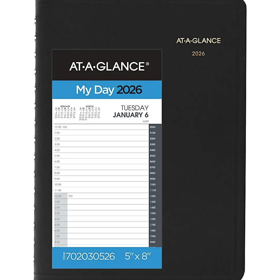 AT-A-GLANCE® 24-Hour 2026 Daily Appointment Book Planner, Black, Small, 5" x 8"